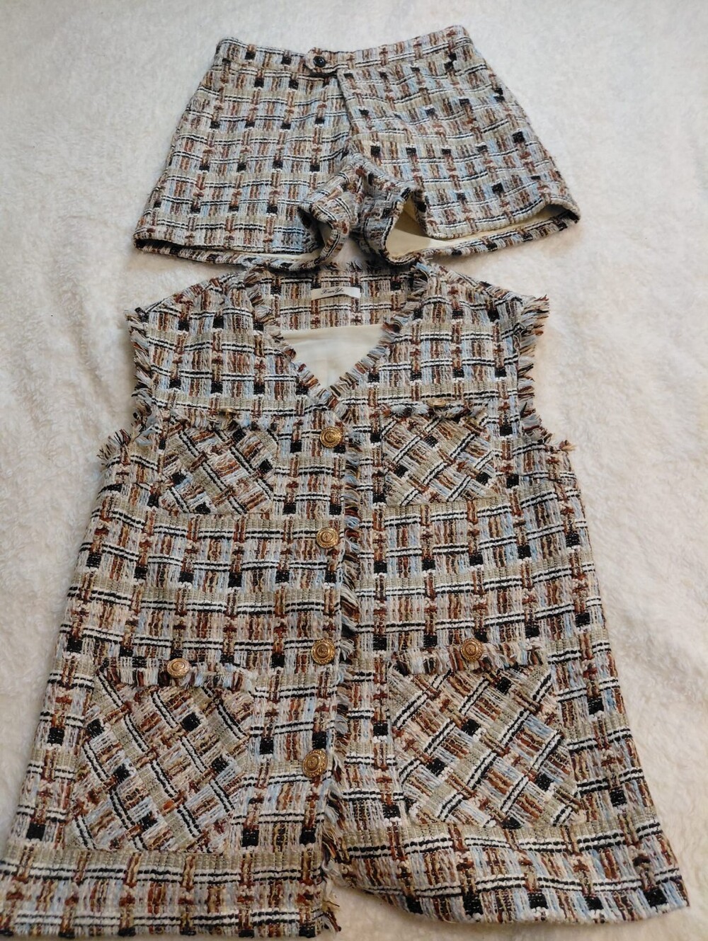 XUNYI Women's Tweed Vest & Shorts Set Plaid Fringe Co-Ord Size M Reduced